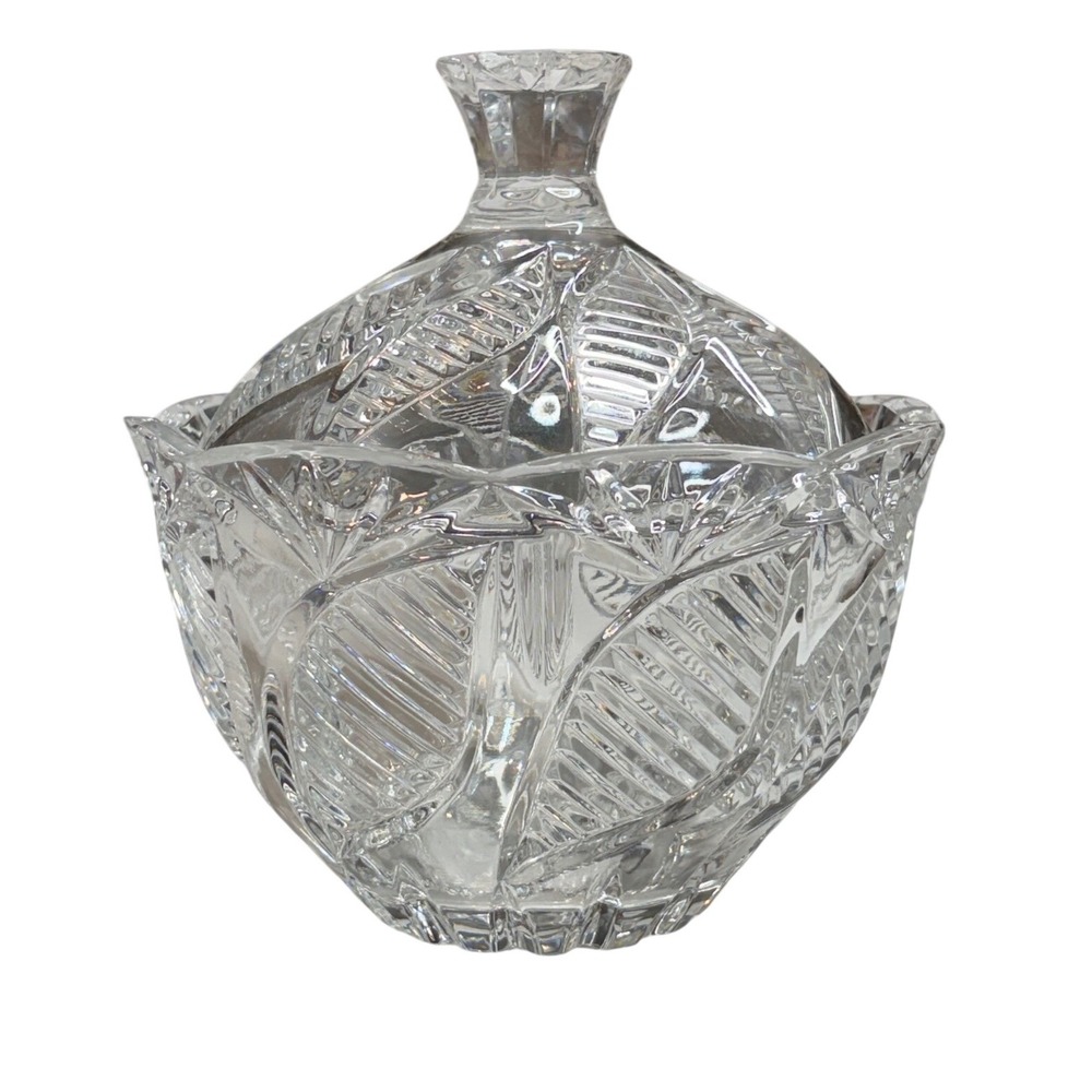 Vintage Cut Crystal Lidded Candy Dish Palm Leaf Bowl Whimsigoth Boho Decor